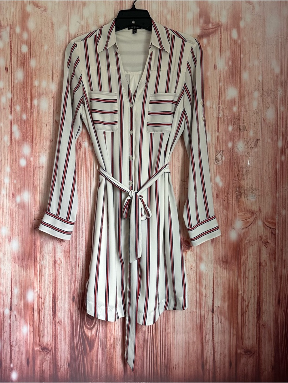 Express Outlet White Convertible Sleeve Red Striped Long Sleeve Shirt Dress Sz S